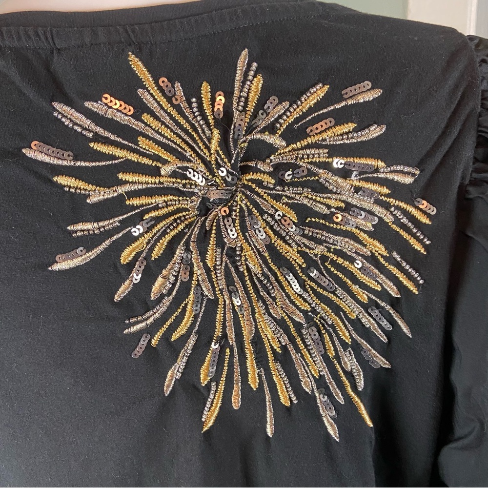 Chico's Sz 2 Fireworks Embroidered Metallic Sequin Blouse Poplin Puff Sleeve L - Picture 9 of 11